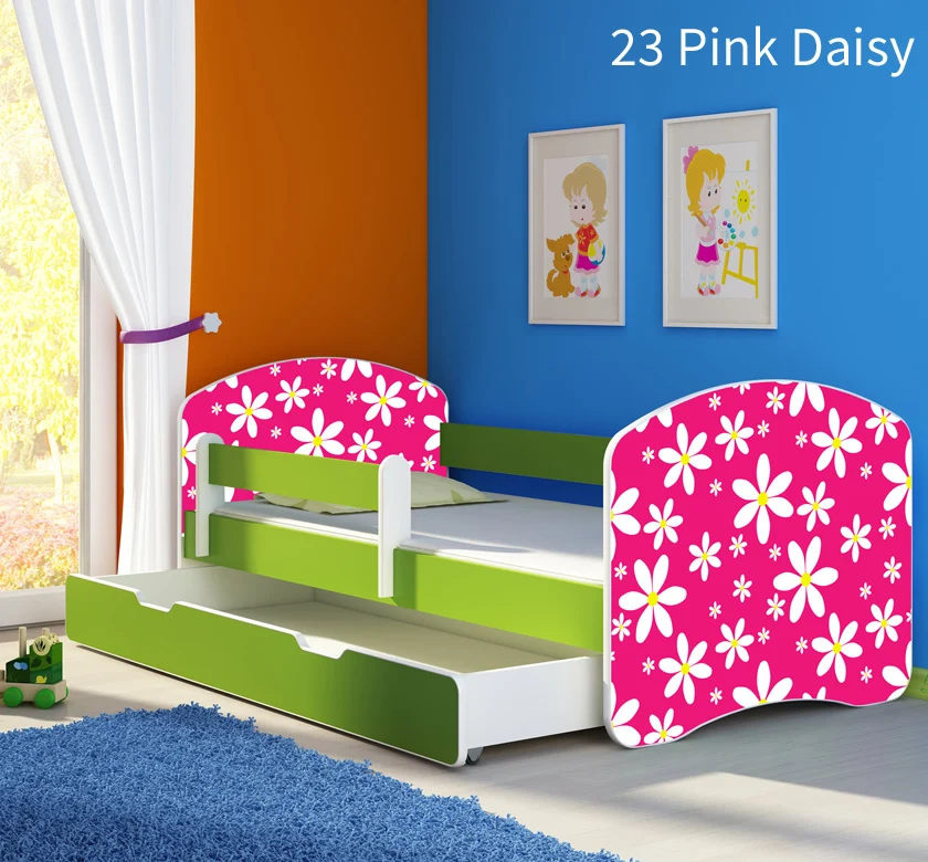 Dječji krevet ACMA s motivom, bočna zelena + ladica 160x80 cm 23 Pink Daisy