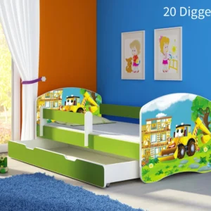 Dječji krevet ACMA s motivom, bočna zelena + ladica 160x80 cm 20 Digger