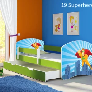 Dječji krevet ACMA s motivom, bočna zelena + ladica 160x80 cm 19 Superhero