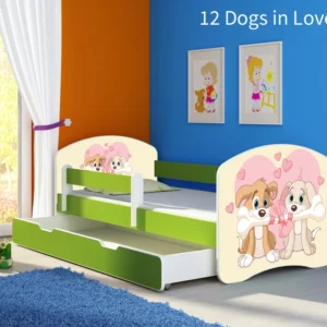 Dječji krevet ACMA s motivom, bočna zelena + ladica 160x80 cm 12 Dogs Love