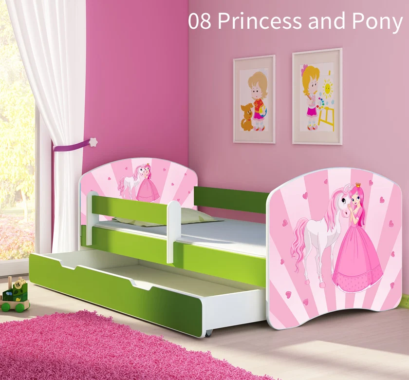 Dječji krevet ACMA s motivom, bočna zelena + ladica 160x80 cm 08 Princess Pony