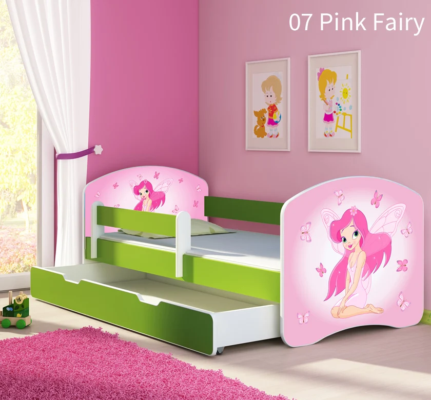 Dječji krevet ACMA s motivom, bočna zelena + ladica 160x80 cm 07 Pink Fairy