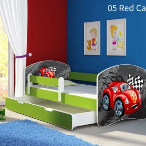Dječji krevet ACMA s motivom, bočna zelena + ladica 160x80 cm 05 Red Car