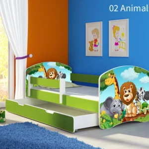 Dječji krevet ACMA s motivom, bočna zelena + ladica 160x80 cm 02 Animals