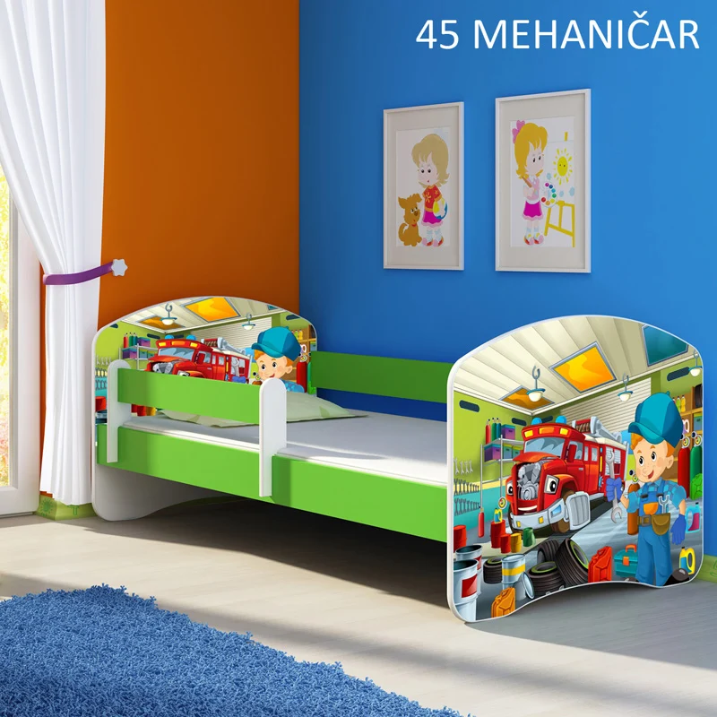 Dječji krevet ACMA s motivom, bočna zelena 180x80 cm 45 Mehaničar