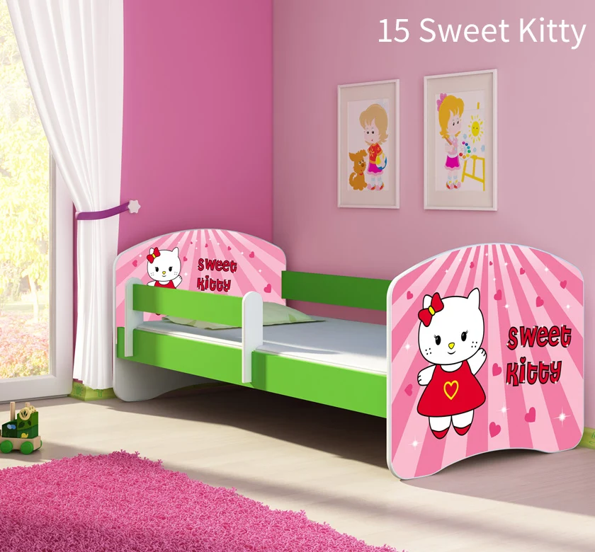 Dječji krevet ACMA s motivom, bočna zelena 160x80 cm 15 Sweet Kitty
