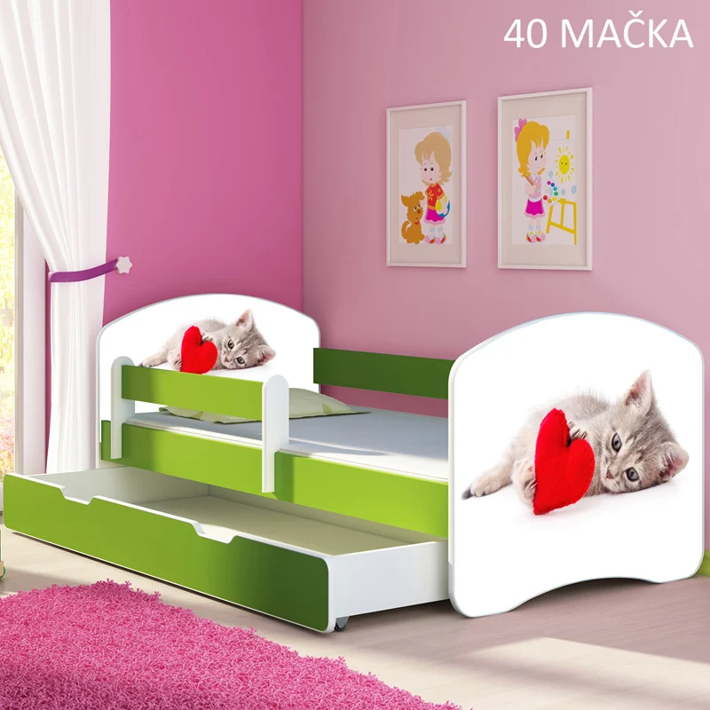 Dječji krevet ACMA s motivom, bočna zelena + ladica 140x70 cm 40 Mačka