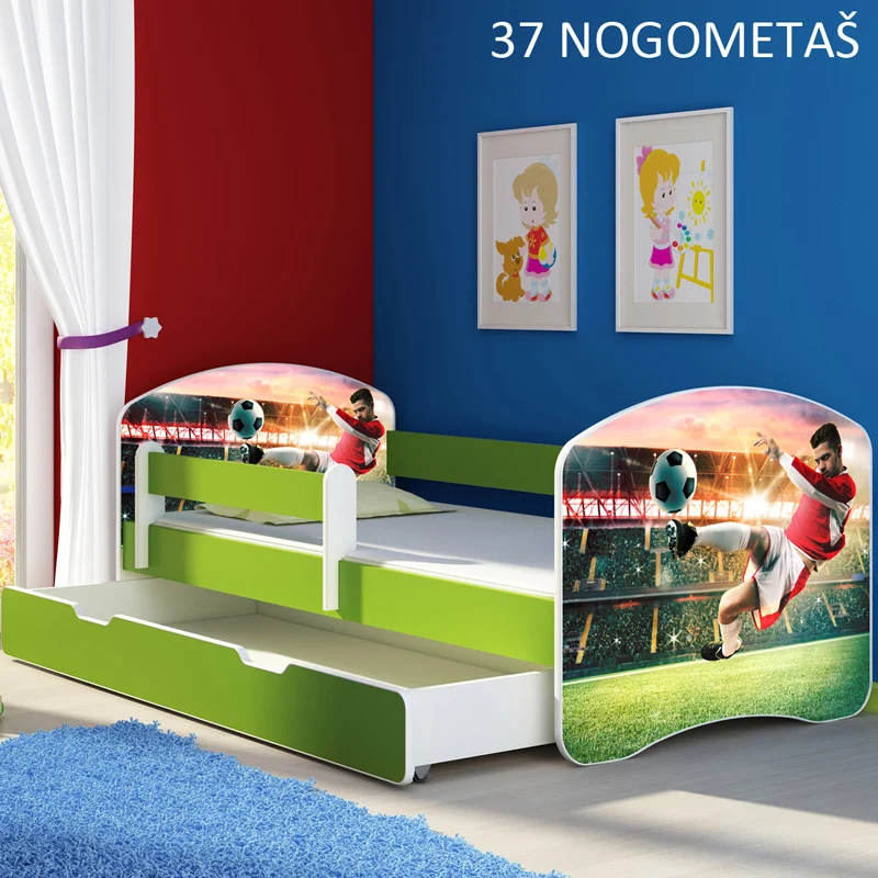 Dječji krevet ACMA s motivom, bočna zelena + ladica 140x70 cm 37 Nogometaš