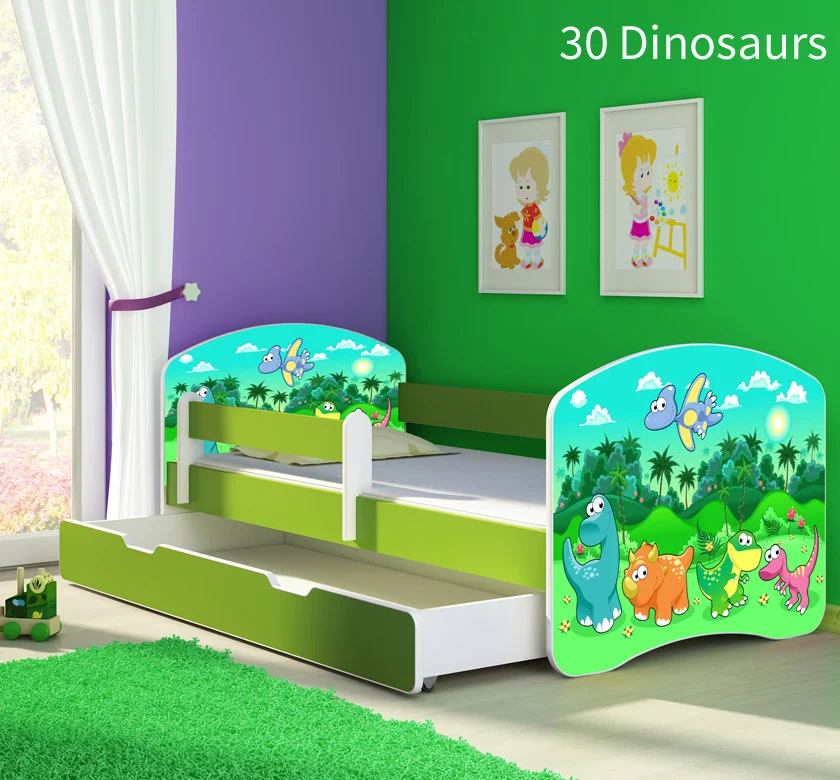 Dječji krevet ACMA s motivom, bočna zelena + ladica 140x70 cm 30 Dinosaurs