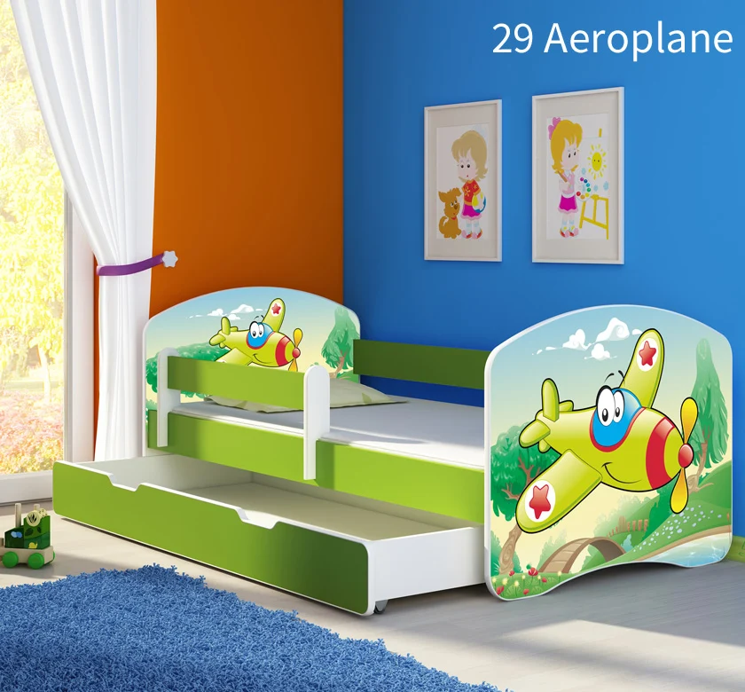 Dječji krevet ACMA s motivom, bočna zelena + ladica 140x70 cm 29 Aeroplane