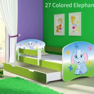 Dječji krevet ACMA s motivom, bočna zelena + ladica 140x70 cm 27 Colored Elephant
