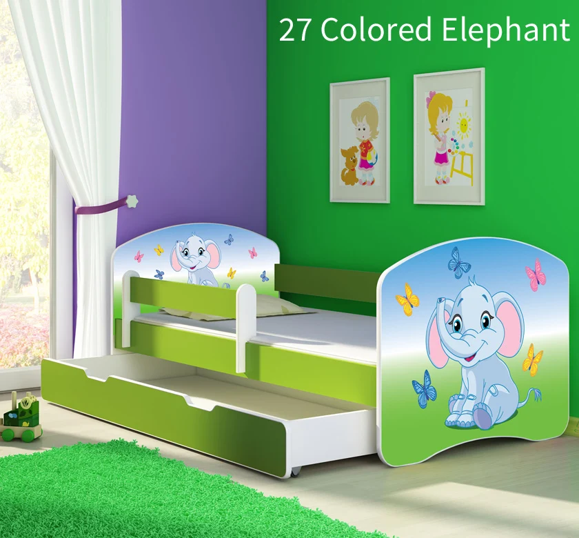 Dječji krevet ACMA s motivom, bočna zelena + ladica 140x70 cm 27 Colored Elephant
