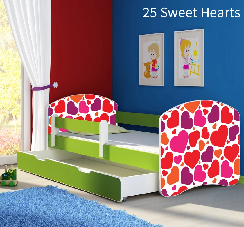 Dječji krevet ACMA s motivom, bočna zelena + ladica 140x70 cm 25 Sweet hearts