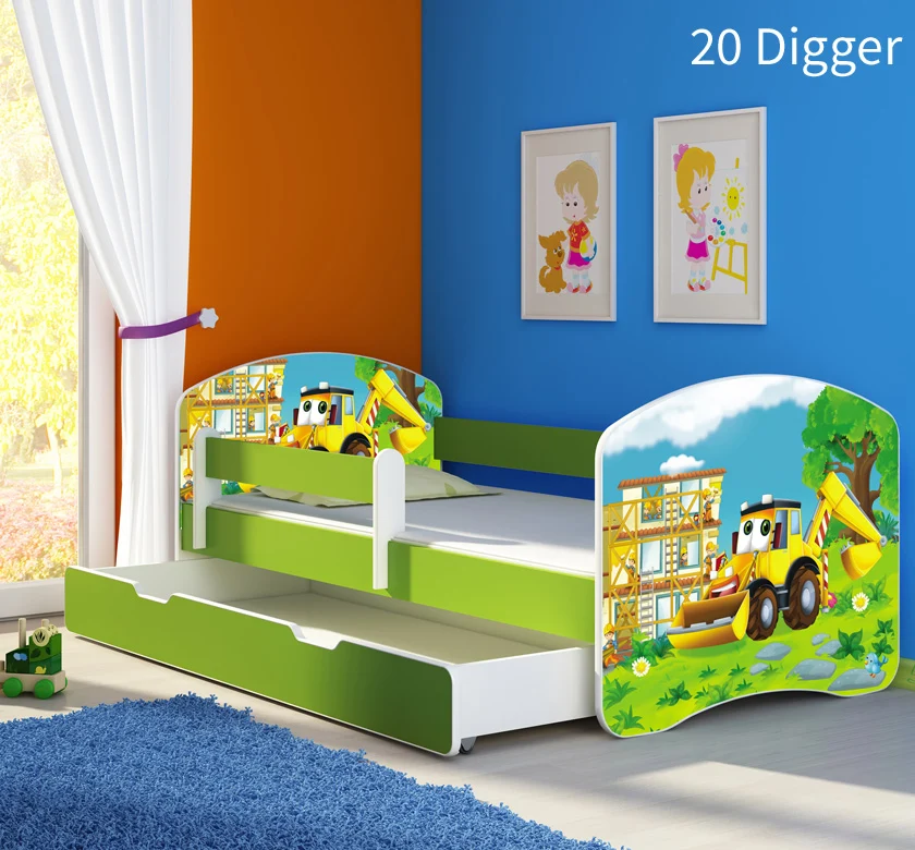 Dječji krevet ACMA s motivom, bočna zelena + ladica 140x70 cm 20 Digger