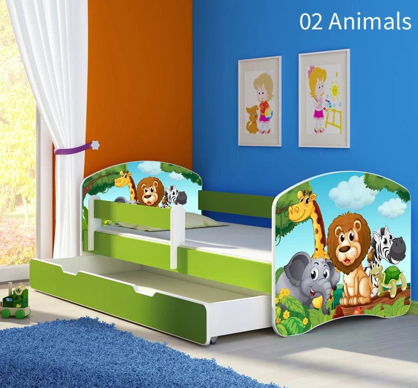 Dječji krevet ACMA s motivom, bočna zelena + ladica 140x70 cm 02 Animals