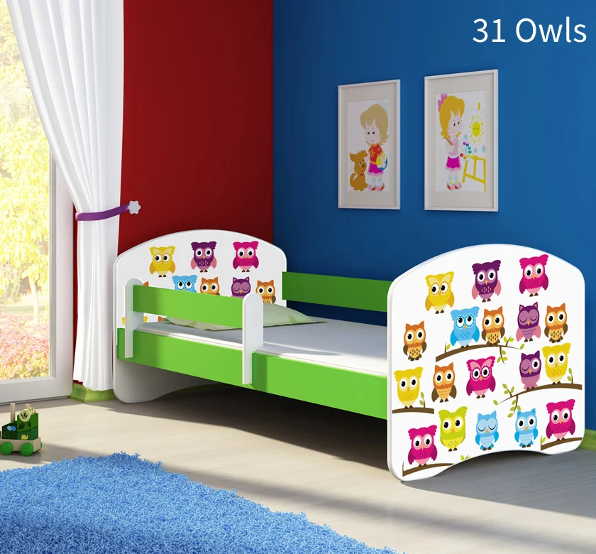 Dječji krevet ACMA s motivom, bočna zelena 140x70 cm 31 Owls