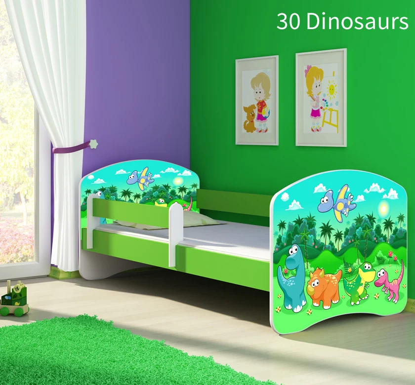 Dječji krevet ACMA s motivom, bočna zelena 140x70 cm 30 Dinosaurs