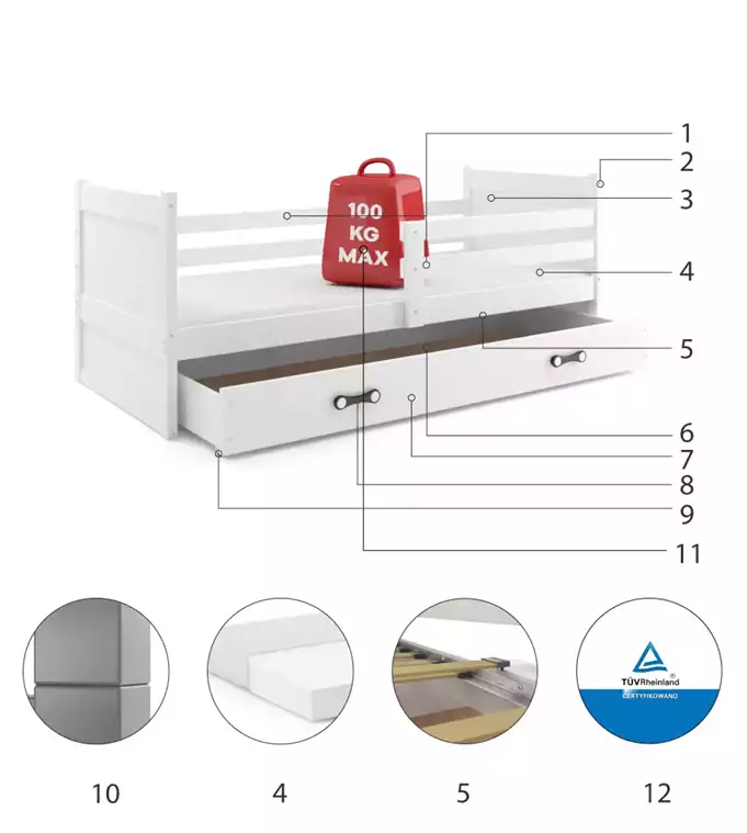 Krevet BMS Rico + ladica 200x90 cm, GRF bijela