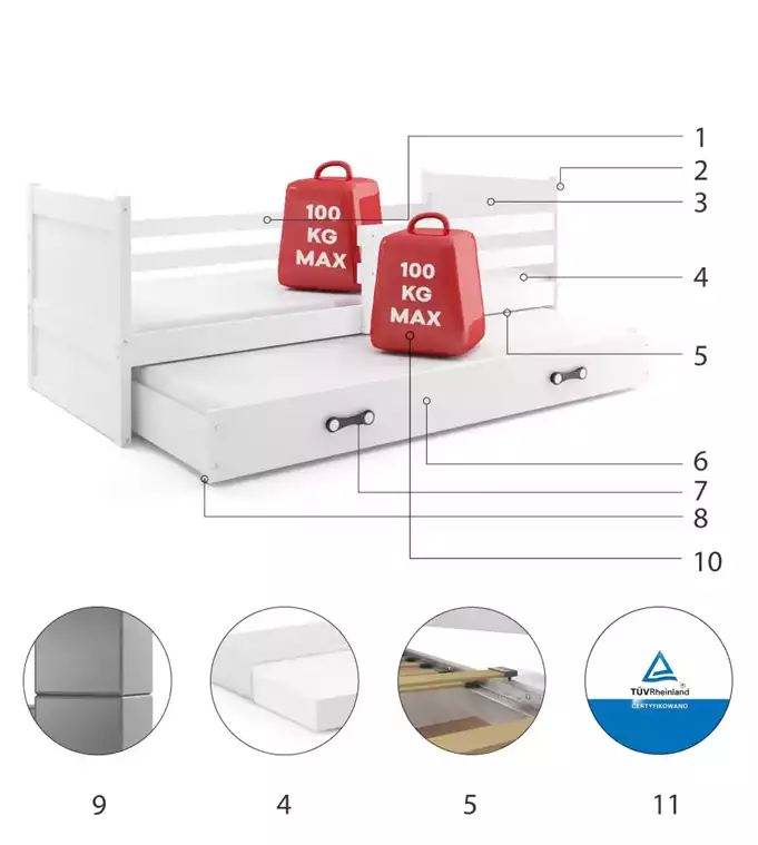 Krevet BMS Rico za 2 osobe 200x90 cm, GRF bijela