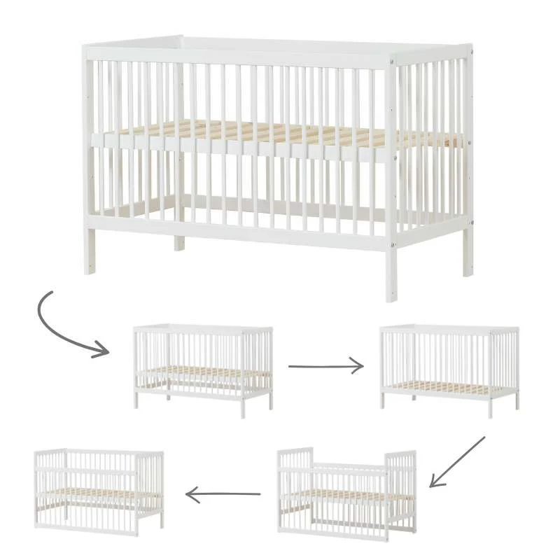 Hoppekids IDA-MARIE - Babyseng m. Skummadras - Justérbar Højde og Sidepanel - Hvid