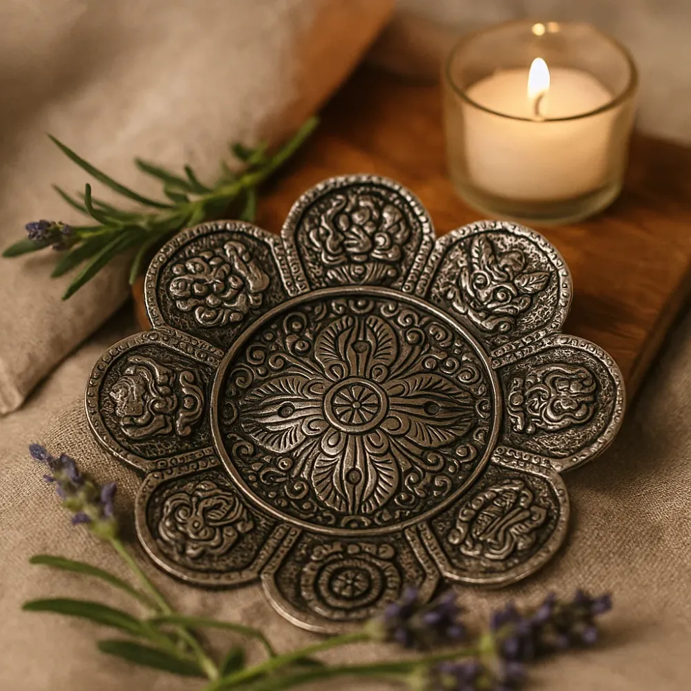 Držč tamjana tibetanski simboli polirani aluminij 12cm
