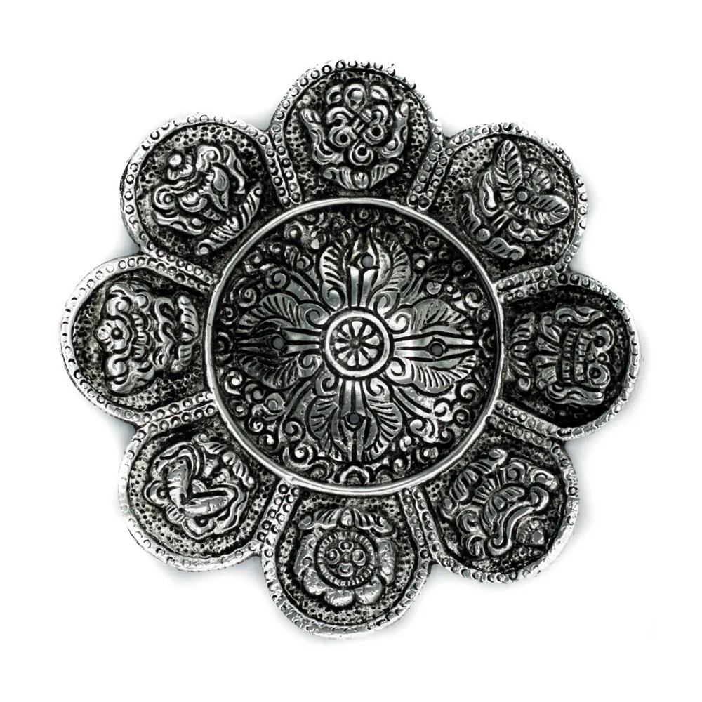 Držč tamjana tibetanski simboli polirani aluminij 12cm