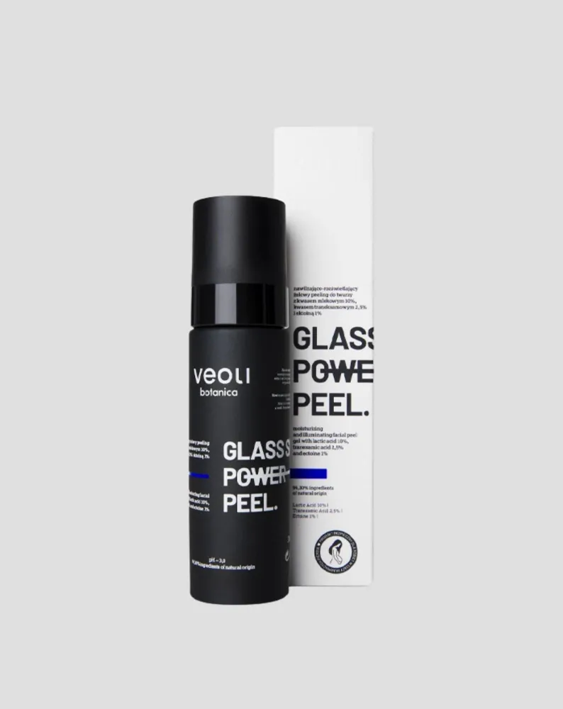 Gel piling za lice Glass skin power peeling s mliječnom kiselinom, traneksamskom kiselinom i ektoinom Veoli Botanica