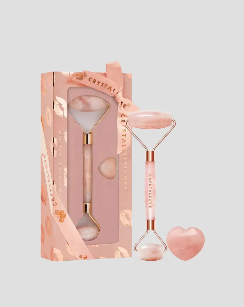 Masažer za lice od rozenkvarcnog kamena ljubavi Selflove set Crystallove