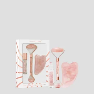 Roler za lice + gua sha tanjur + rol-on bočica Rose quartz beauty set Crystallove