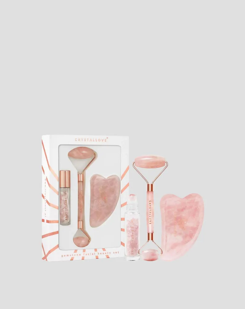 Roler za lice + gua sha tanjur + rol-on bočica Rose quartz beauty set Crystallove