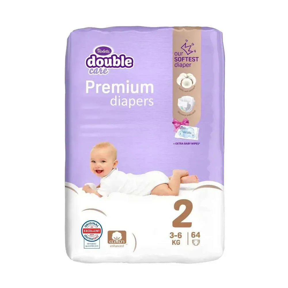 Violeta® Double Care Cotton Touch 2 Mini (3-6 kg) 64 kom + vlažne maramice Water Care