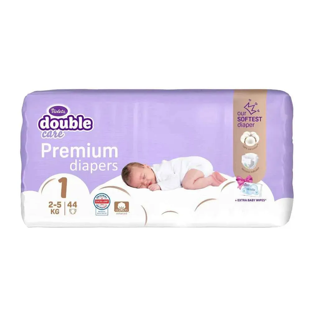 Violeta® Double Care Cotton Touch 1 Newborn (2-5 kg) 44 kom + vlažne maramice Water Care