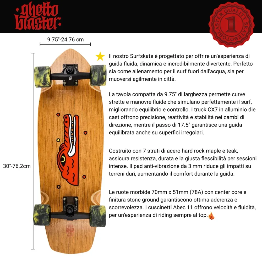 Skateboard Ghettoblaster Surfskate Teak Krokodil 30" 9.75"