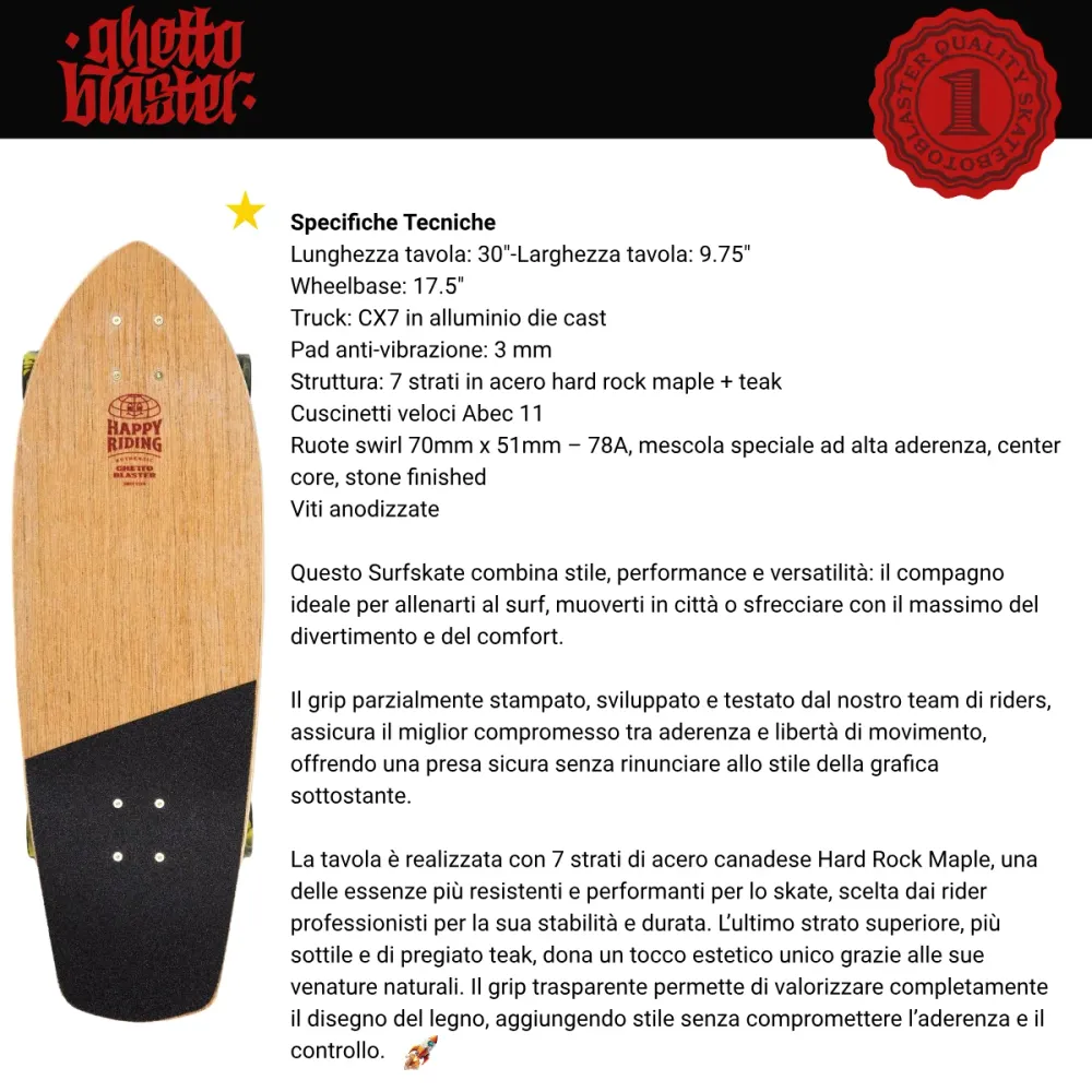 Skateboard Ghettoblaster Surfskate Teak Krokodil 30" 9.75"