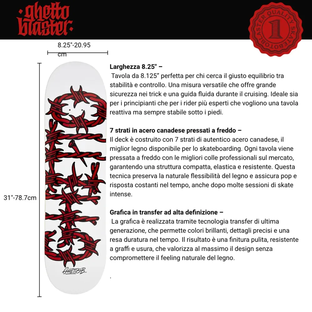 Tavola Skateboard Deck Ghettoblaster Pregripped Barded Wire Crvena 8.25"