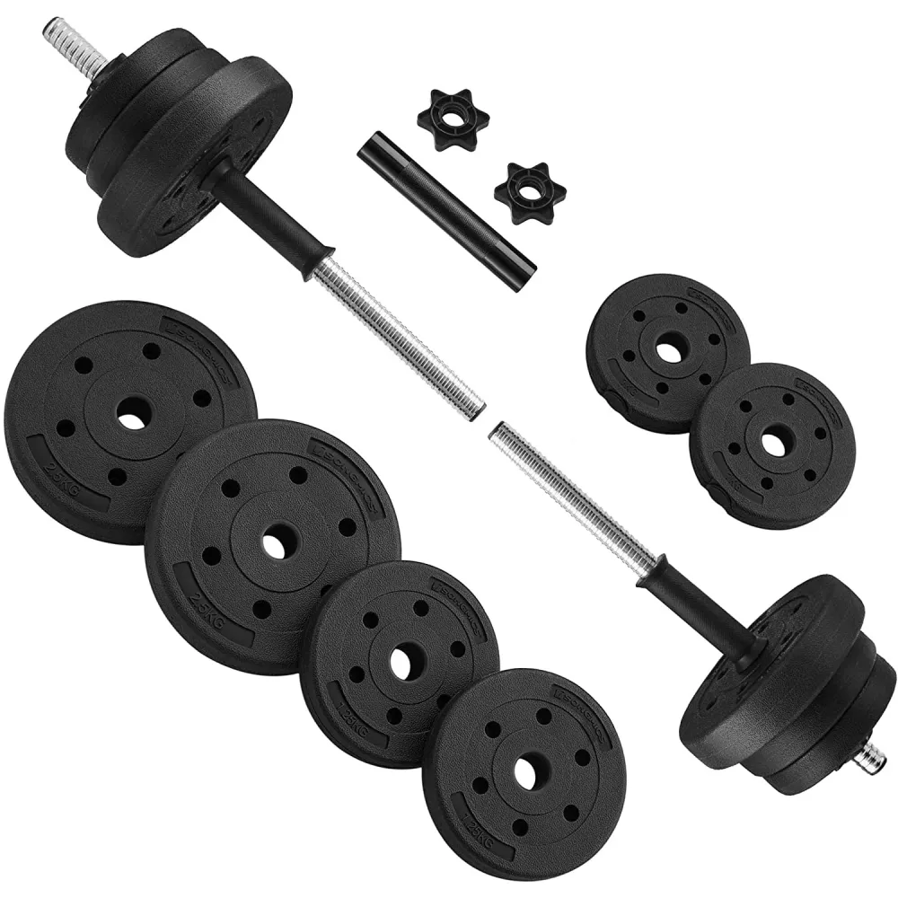 2-u-1 set bučica, 2 x 10 kg podesive bučice s dodatnom šipkom za utege