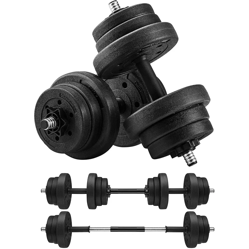 2-u-1 set bučica, 2 x 10 kg podesive bučice s dodatnom šipkom za utege