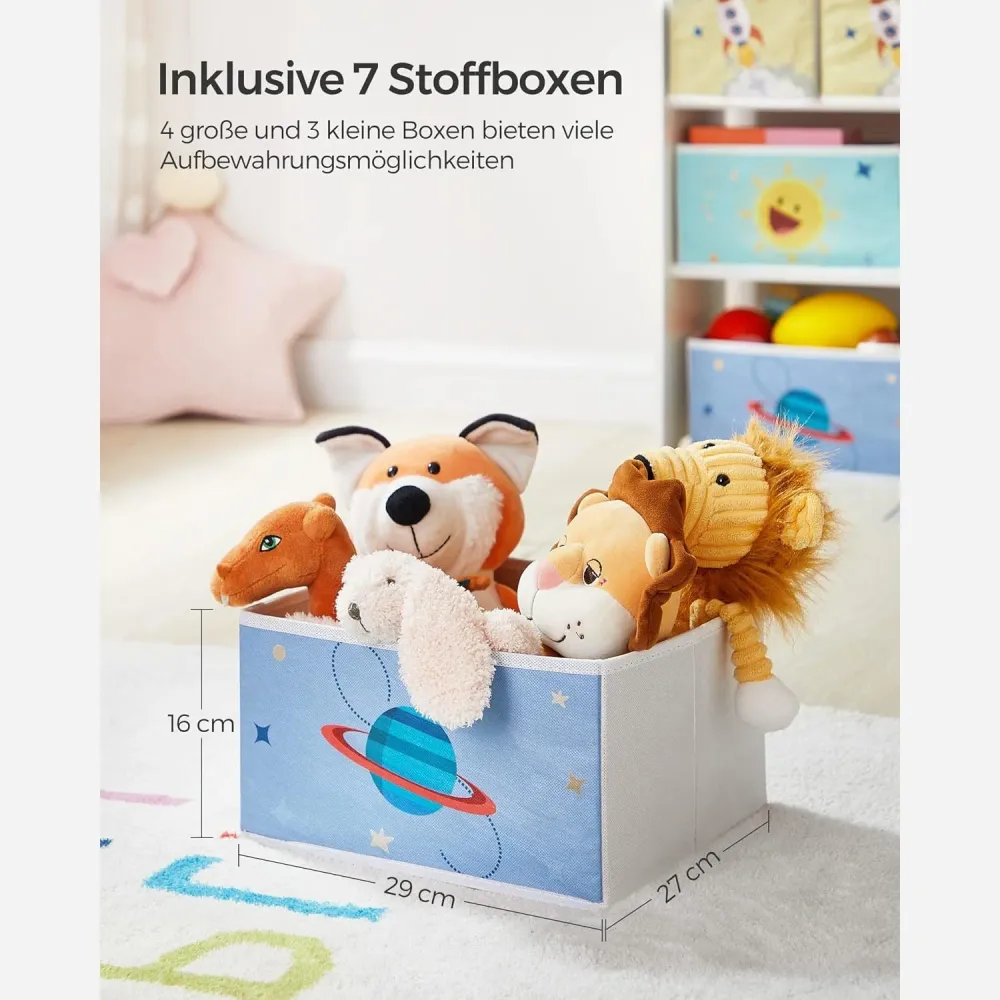 Polica za dječju sobu sa 7 kutija za pohranu, 29,5 x 62,5 x 60 cm, bijela boja