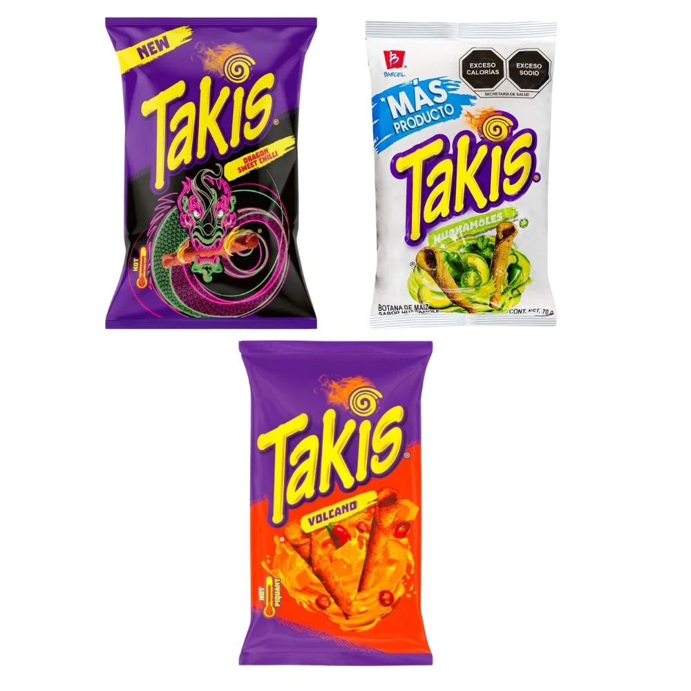 Takis Mix: 1 Takis Dragon Sweet Chili od 100g, 1 Takis Huakamoles od 70g, 1 Takis TNT Queso Volcano od 100g
